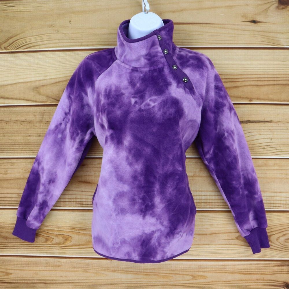 Green Tea High Neck Jacket Womens Size S Purple Tie-Dye Fleece Pockets Buttons